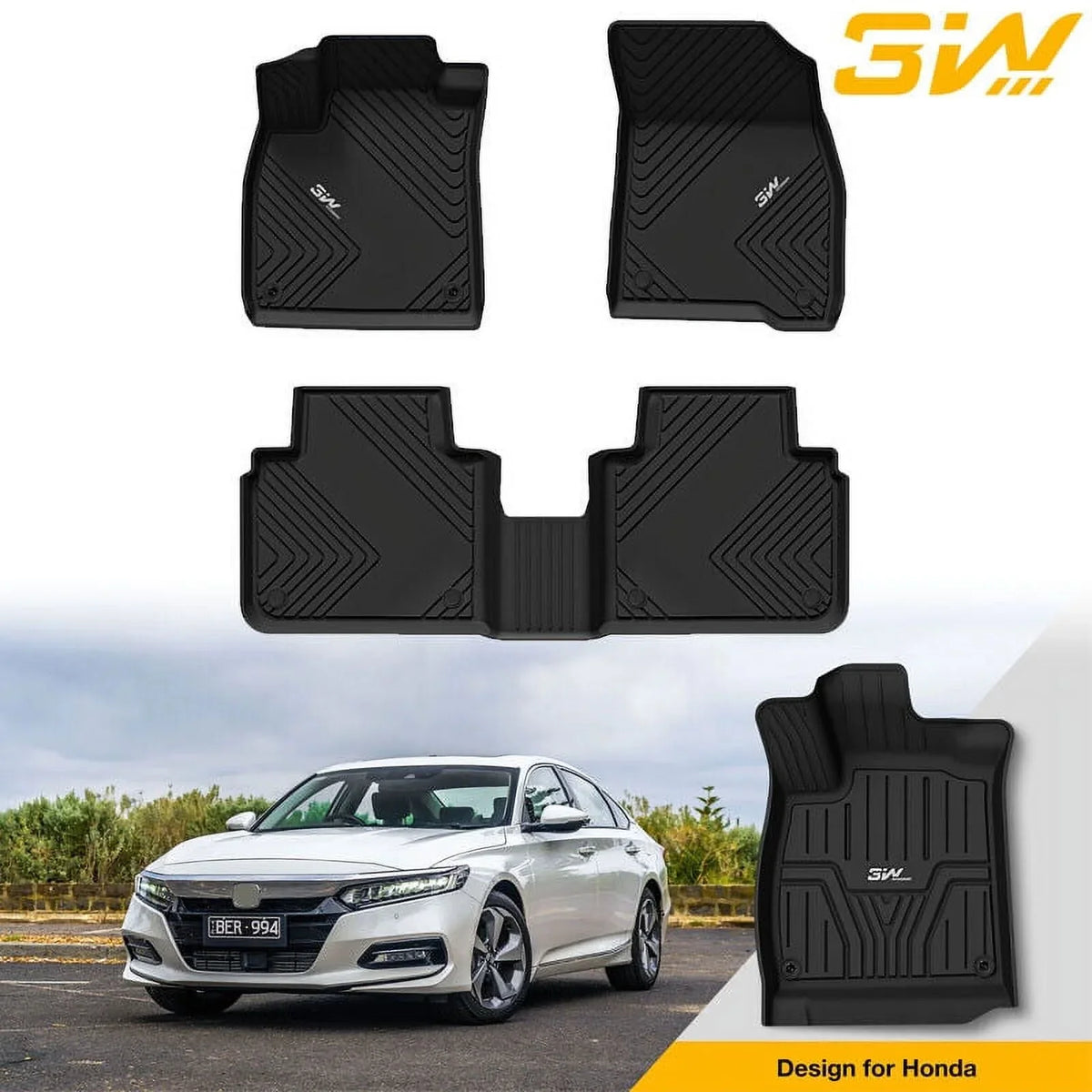 3W Custom Fit All elements Floor Mats for Honda Accord 2023-2024 (Hatchback, Coupe, Sedan) - Heavy Duty TPE, Front & Rear 2 Rows (Including Hybrid Model), Black