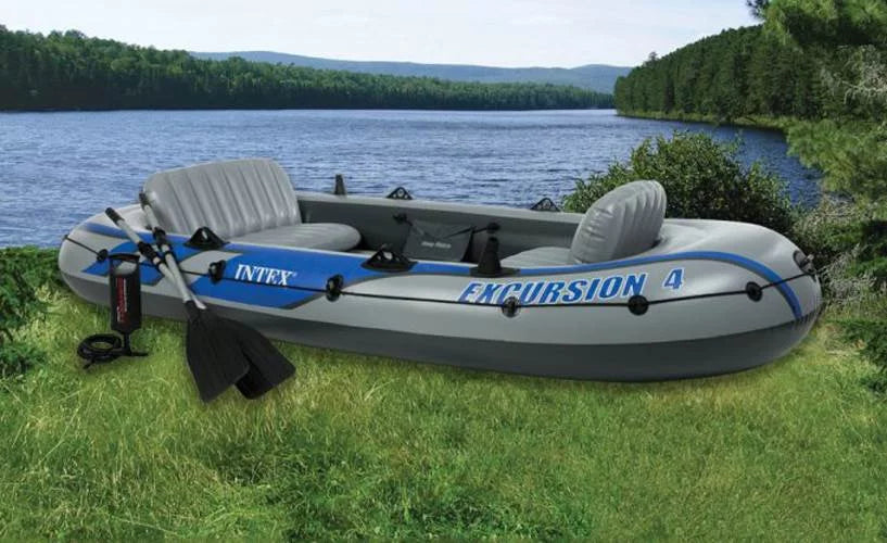 Intex Excursion 4 Person Inflatable Rafting and Fishing ship Set with 2 Oars (Refurbished)