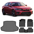Ikon Motorsports 3D TPE Floor Mats + Trunk Mat, suitable with 2022-2024 Honda Civic Black All atmospheric conditions Waterproof Anti-Slip Floor Liners Front & 2nd Row Full Set Interior Storage wrap Accessories
