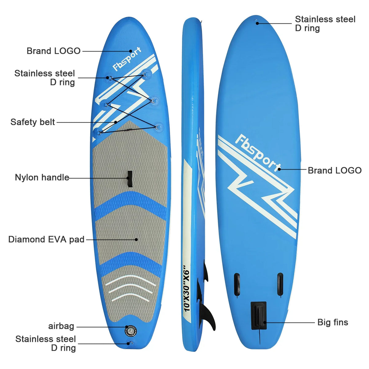 FBSPORT 11 Ft SUP Thickening Inflatable Stand Up Paddle Board w/Complete Accessories & Carry Bag, Surf Control, Non-Slip Deck, Standing ship Surfboard