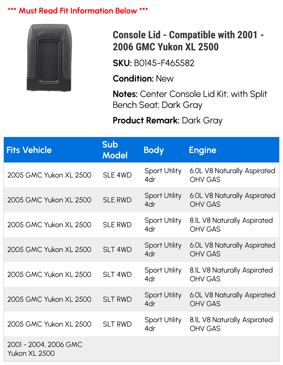 Console Lid - appropriate with 2001 - 2006 GMC Yukon XL 2500 2002 2003 2004 2005
