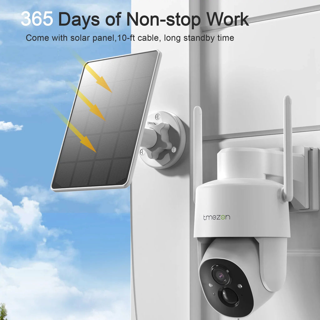 TMEZON Security Camera Outdoor Wireless, 2K Surveillance Camera Wireless Solor Powered for Smart Home , PTZ WiFi Control, Night Vision,IP66 Waterproof