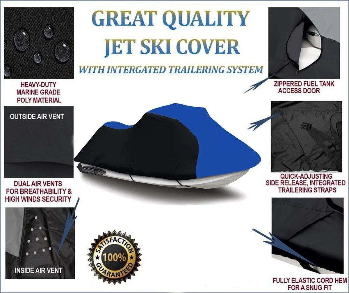 BLACK / BLUE HEAVY-DUTY, 600 DENIER shield suitable for Kawasaki ULTRA 150 1998 1999 2000 2001 2002 2003 2004 2005 / 130 DI 1999 2000 2001 2002 2003 2004 Jet Ski Watercraft protector 2 Seater