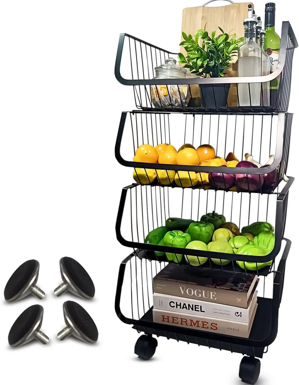 4-Tier Metal Black Utility Rolling Cart, Storage Organizer Basket with Wheels