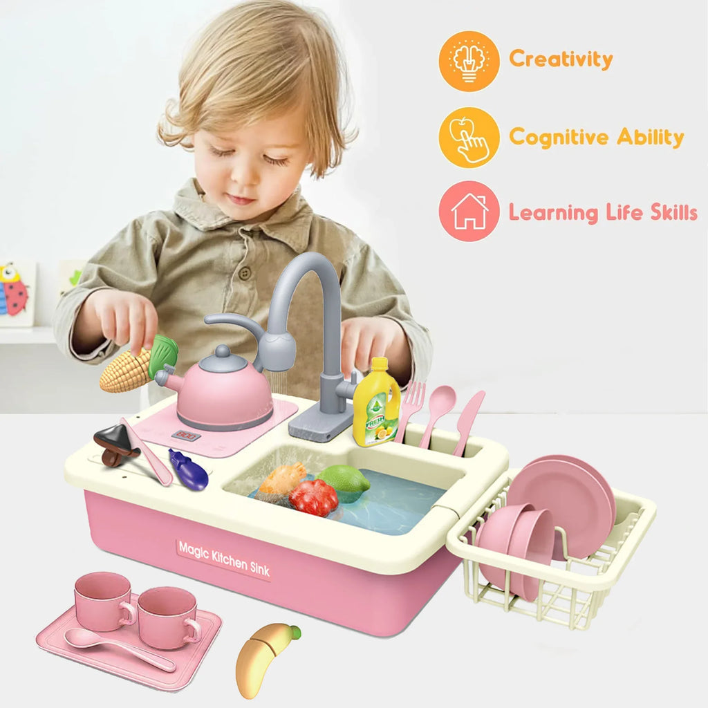 Richgv Pretend Play Kitchen Sink Toys with Running liquid, 23PCS Electric aqua Sink Toy with Play Induction Cooker Play Cutting Food, Kids Kitchen Role Play Toys for Boys Girls