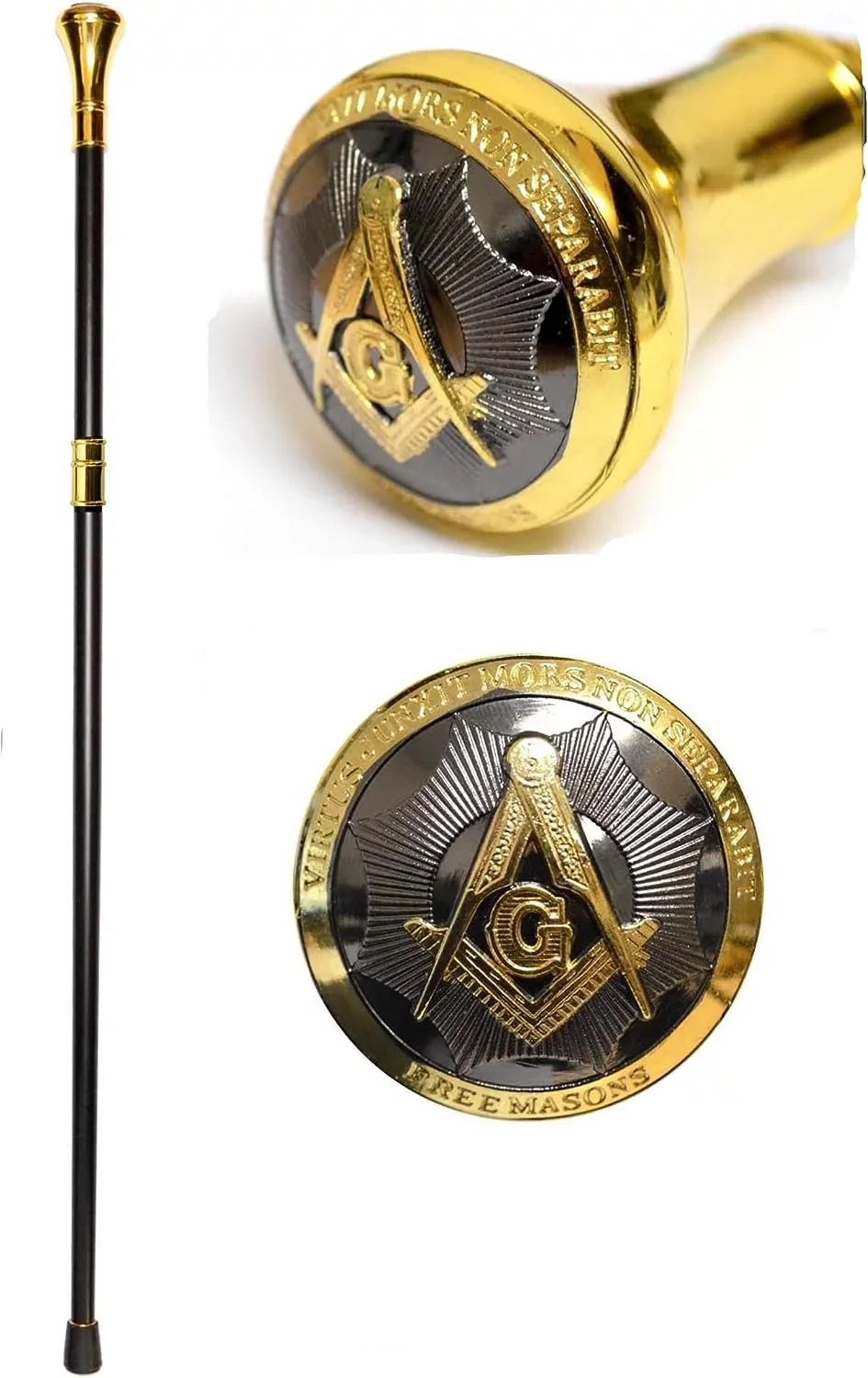 Walking Cane 37" High Masonic Cane with Alloy Metal Ball Shaped Handle, 2-Tone Compass & Square Logo Embossed On Top of The Handle, 2 Piece Dividable Shaft, Rubber Tip at Base