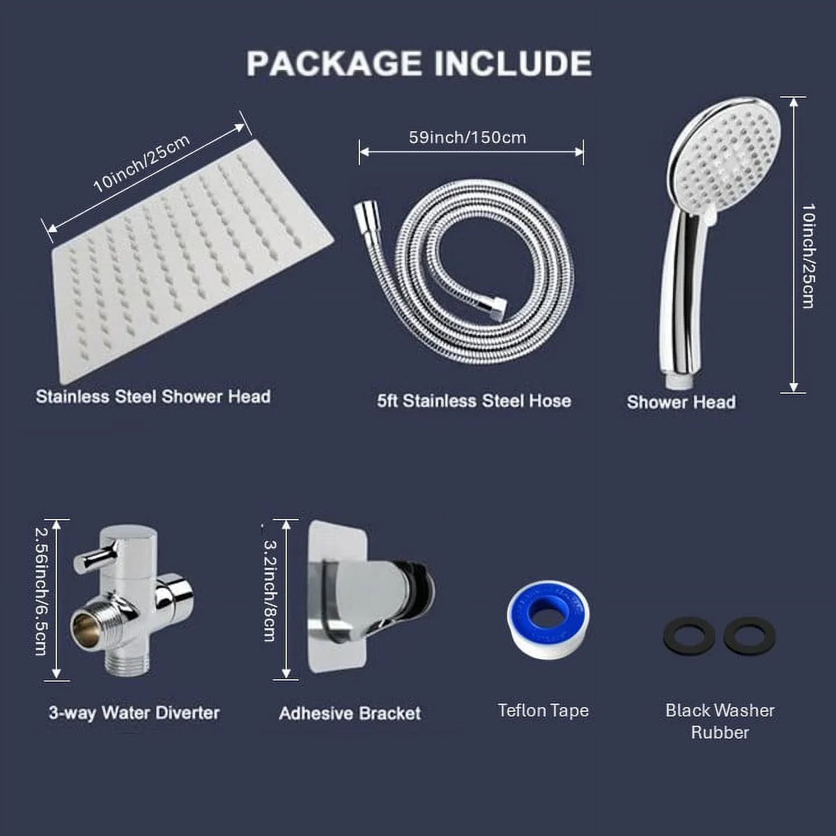 5-Setting High Pressure Shower Head, 10″Square Rain Shower Head with Handheld and Self-adhesive Holder/1.5M Hose -1 Replaceable Filter Cartridge