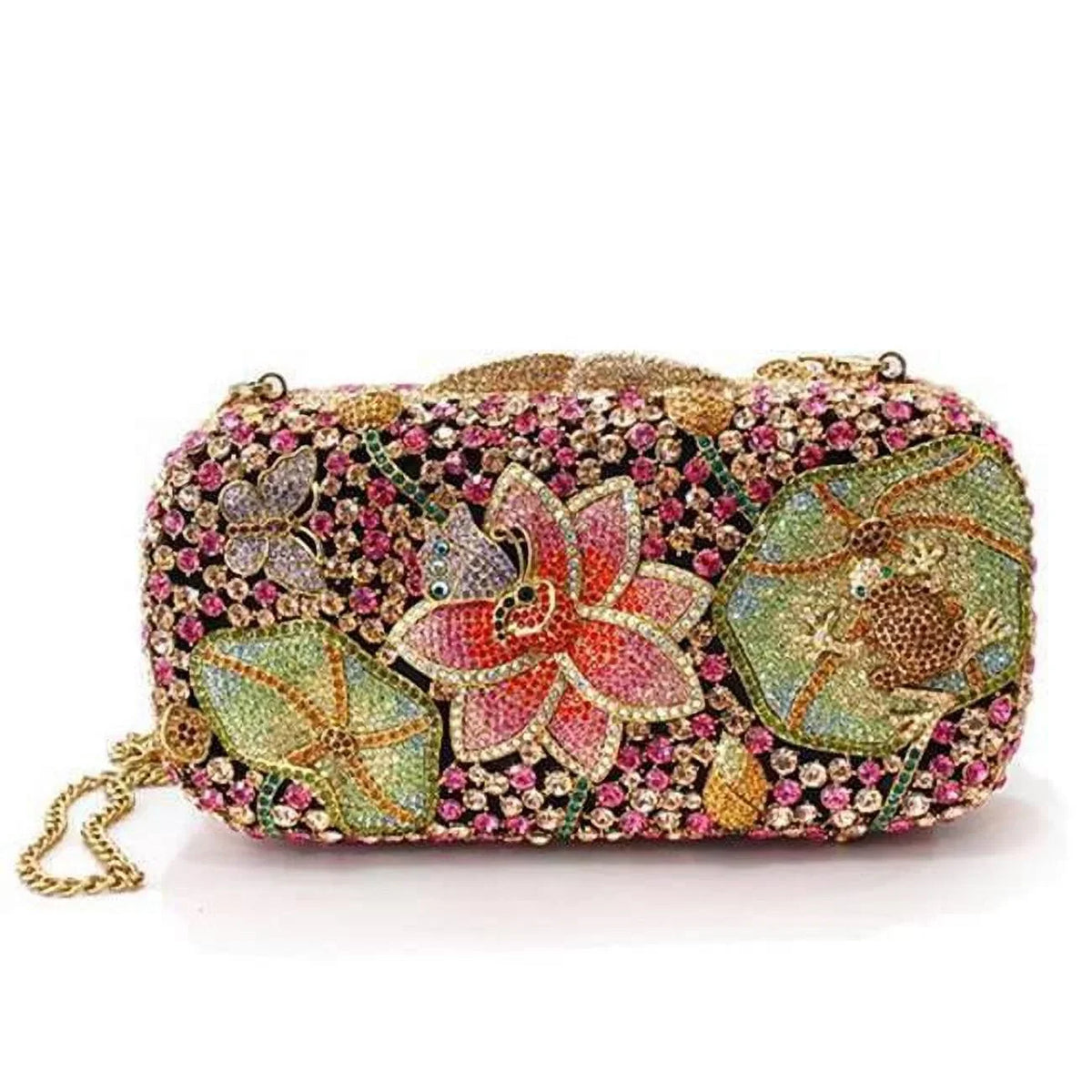 Women Ancientry Gold White Metal Clutch with Top Grade Crystal in Multi Color