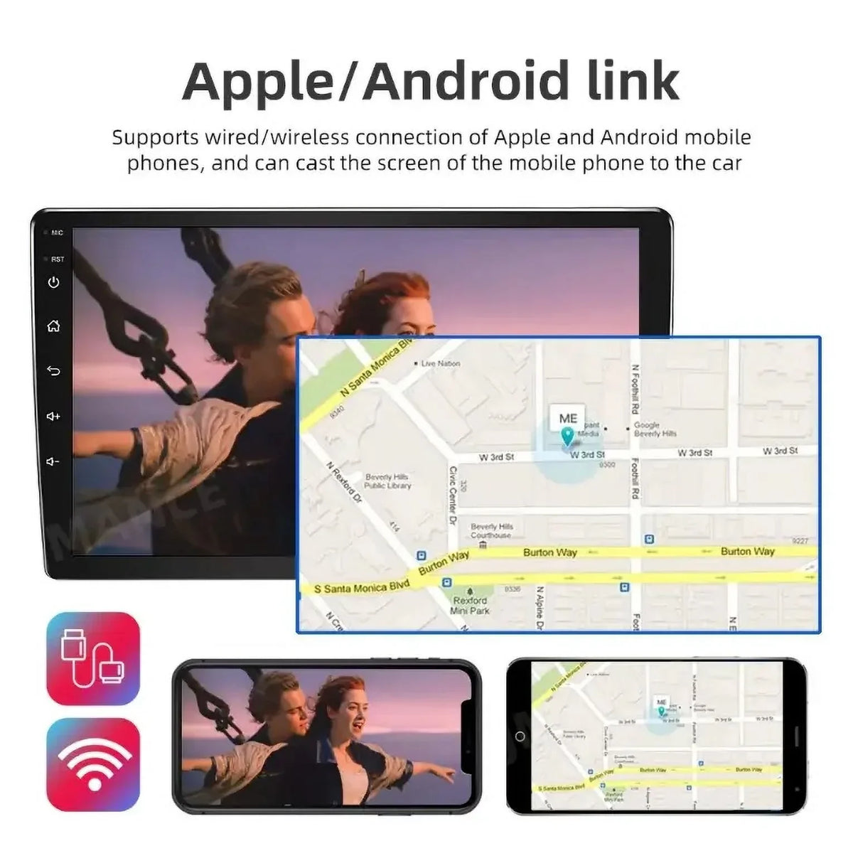 Single 1 DIN Rotatable 10.1'' 1280*720 IPS Android 12 2+32GB Bluetooth Car GPS Navigation WiFi Stereo Radio  CarPlay