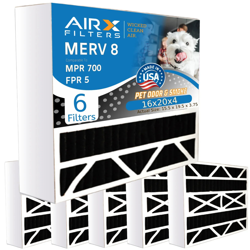 6 Pack. 16x20x4 Air Filter Odor Eliminator Carbon Filter MERV 8 Comparable to MPR 700 & FPR 5 AC HVAC Premium USA Made 16x20x4 Furnace Filters by AIRX FILTERS WICKED CLEAN AIR