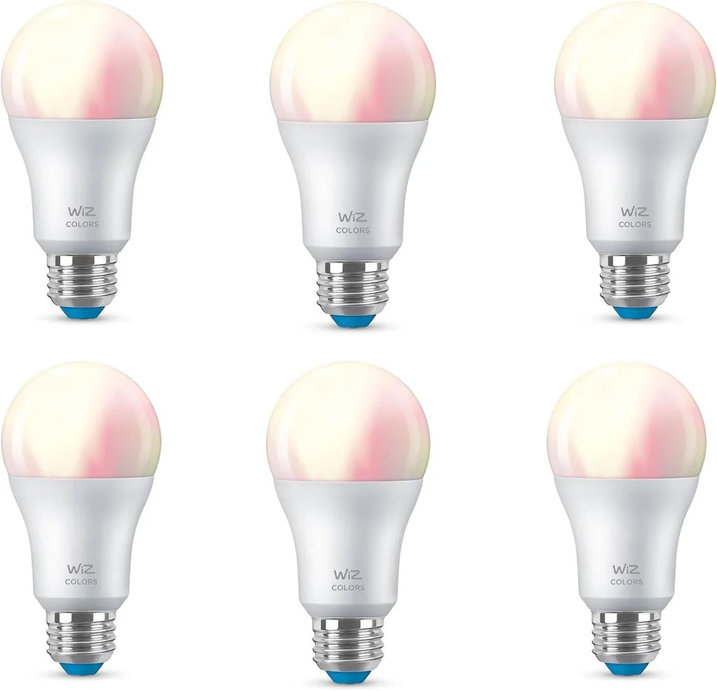 WiZ 60W A19 Color LED Smart Bulb - Pack of 6 - E26- Indoor - Connects to Your Existing Wi-Fi - Control with Voice or App + Activate with Motion - Matter matching