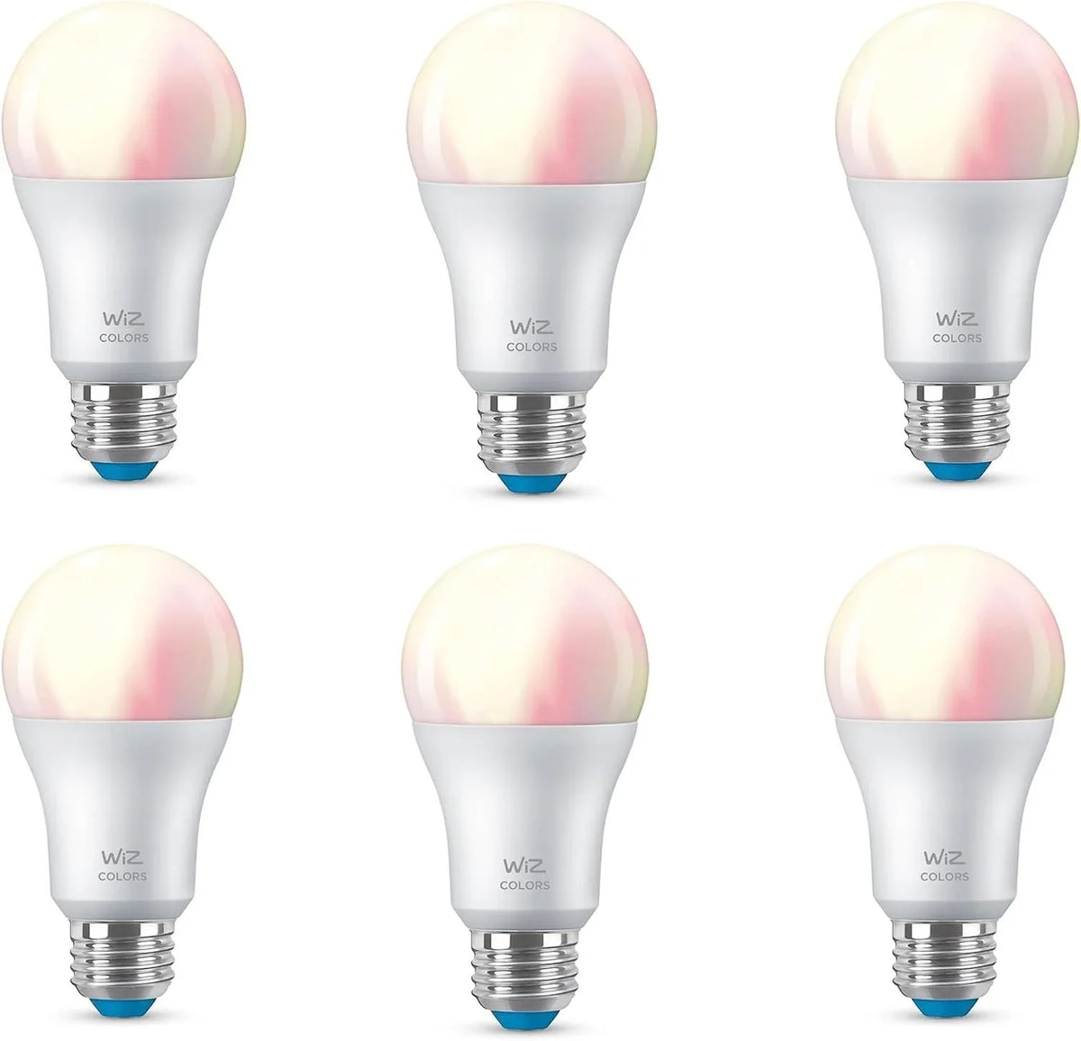 WiZ 60W A19 Color LED Smart Bulb - Pack of 6 - E26- Indoor - Connects to Your Existing Wi-Fi - Control with Voice or App + Activate with Motion - Matter matching