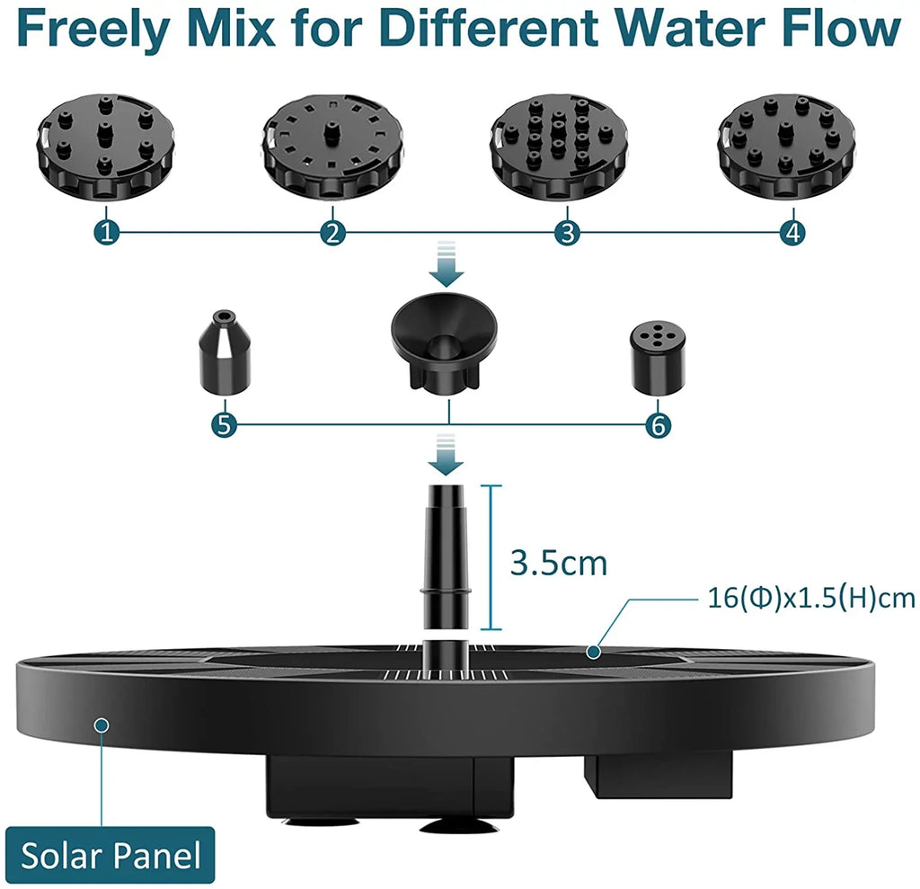 AISITIN 1.5W Solar Fountain Pump, newly upgraded with 6 nozzles solar bird bath fountain, suitable for ponds, gardens, bird baths, fish tanks, outdoor independent solar aqua pump floating fountains