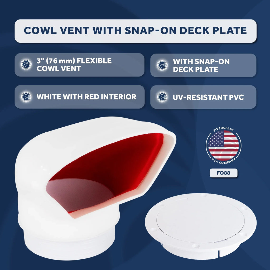 Five Oceans  3-Inch Cowl Vent with Snap-On Deck Plate and wrap, Low Profile UV-impervious and Flexible PVC, Red Interior, for Air Intake or Cabin Ventilation- FO88